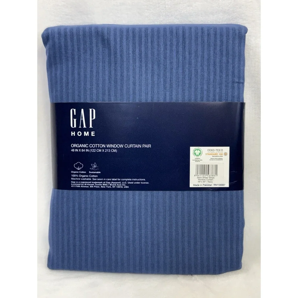 Gap Home 48in x 84in Organic Cotton Window Curtain Semi Sheer Stripe -Navy Blue